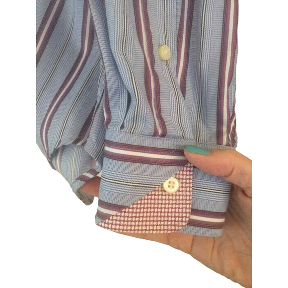 Thomas Dean Men’s Blue Striped Reverse Cuff Button-Down Shirt - Size Large - Picture 4 of 6